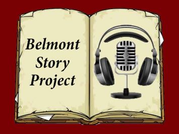 Logo of Belmont Story Project (book with headphons and microphone)