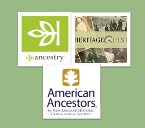 logos of Ancestry.com, american ancestors, and heritagequest