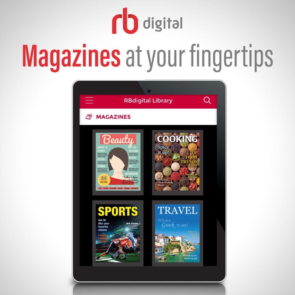 A tablet showing the RB Digital app and text reading "Magazines at your fingertips."