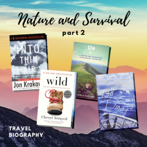A mountain range at sunset with text reading "Nature and Survival: part 2" and four book covers.