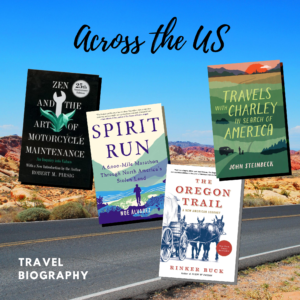 An open road in the desert with a brilliant blue sky and text reading "Across the US" and four book covers.
