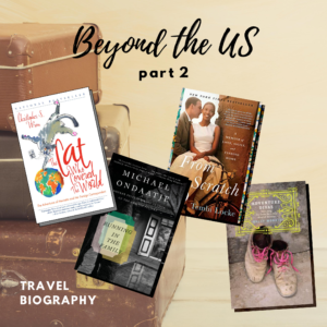 A sepia-toned photo of vintage suitcases with text reading "Beyond the US: part 2" and four book covers.