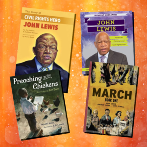Four books about John Lewis on an orange background