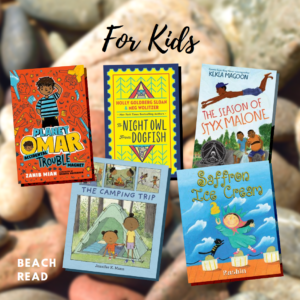Text reading "For Kids" above five book covers on a background of beach rocks.