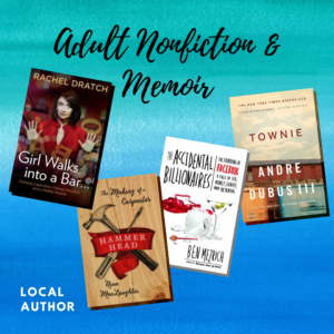 Text on a blue and teal background reads "Adult Nonfiction & Memoir" above four book covers.