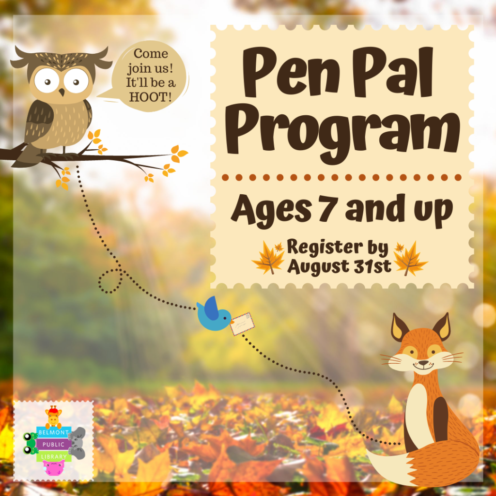 A blue bird carries a letter between an owl and a fox. Text reads Pen Pal Program for ages 7 and up.