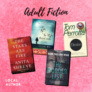 Text on a pink background reads "Adult Fiction" above four book covers.