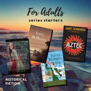 A beach landscape with text reading "For Adults: Series Starters" above four book covers.