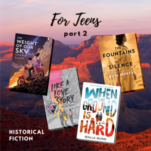 A rocky landscape with text reading "For Teens, part 2" above four book covers.
