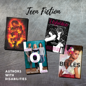 Text on a gray metal background reads "Teen Fiction" with four book covers.