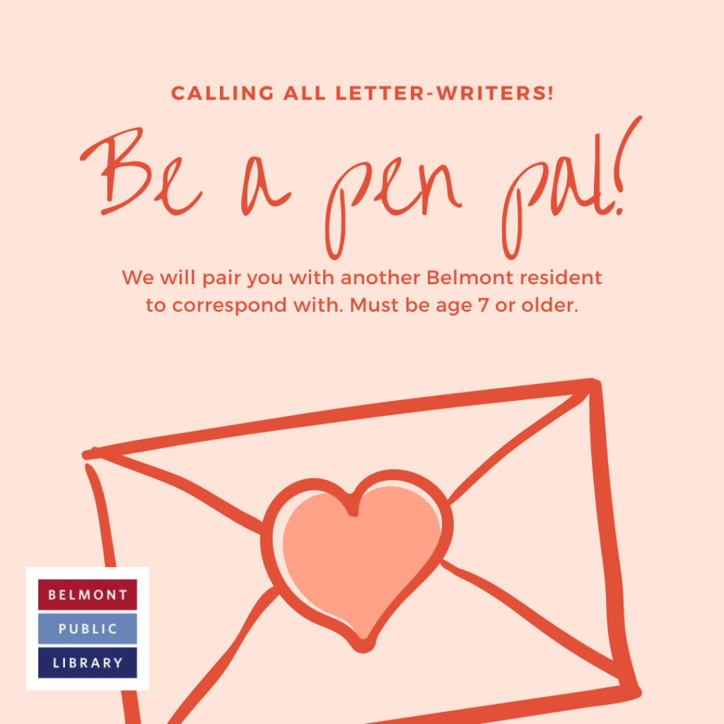 A pink envelope on a light pink background with text reading "Be a pen pal!"
