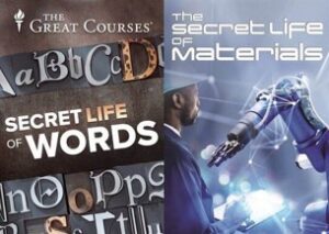 Covers of The Secret Life of Words (which has upper and lower case letters of the alphabet in an old-fashioned font) and The Secret Life of Materials (which has a man working on a robotic arm).